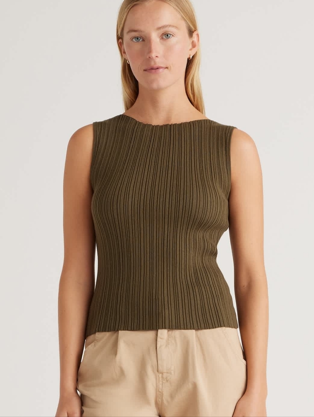Quince Olive Green Ribbed Cotton Smock Neck Tank | Large